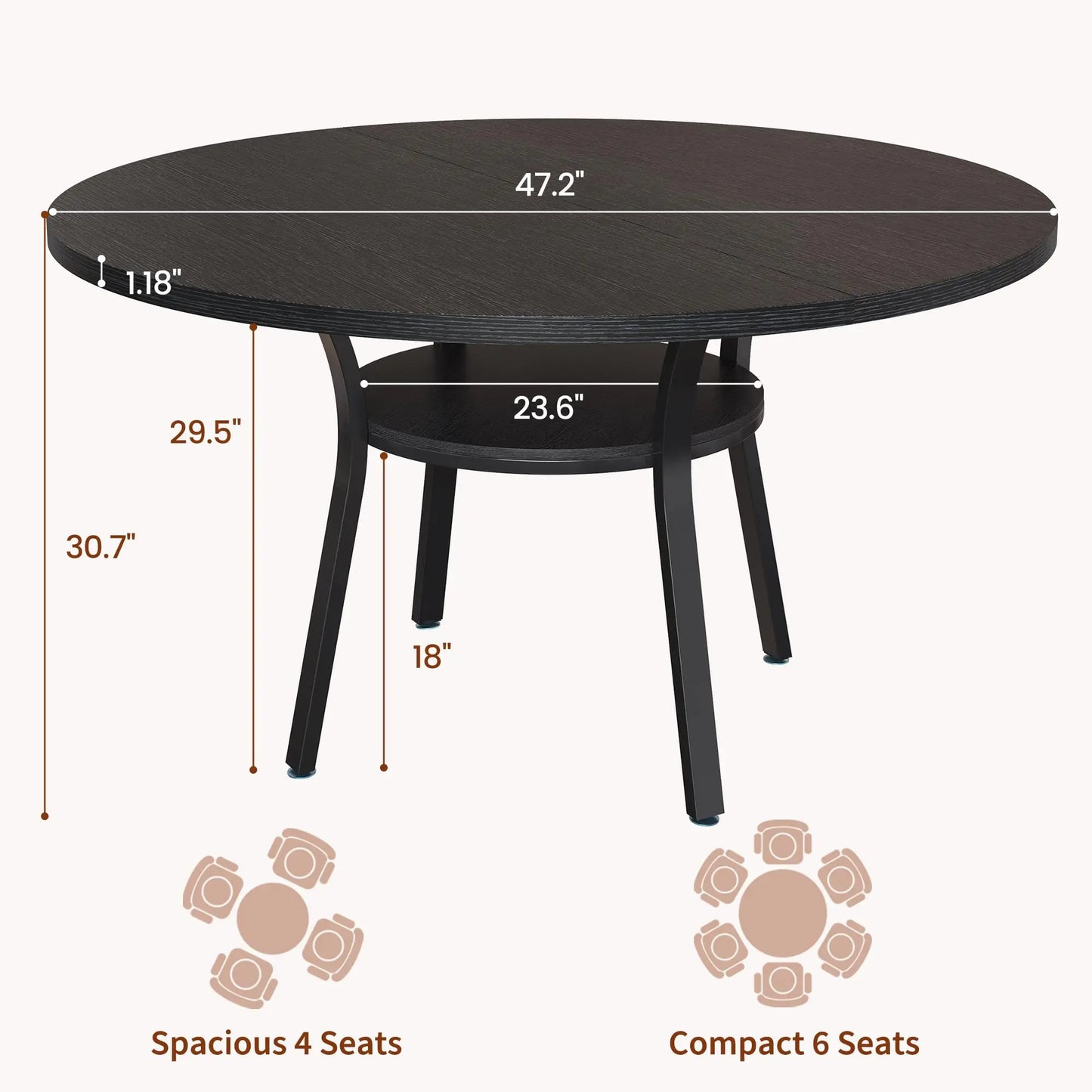 HiMISS Round Dining Table For 4-6 People With Storage Shelf