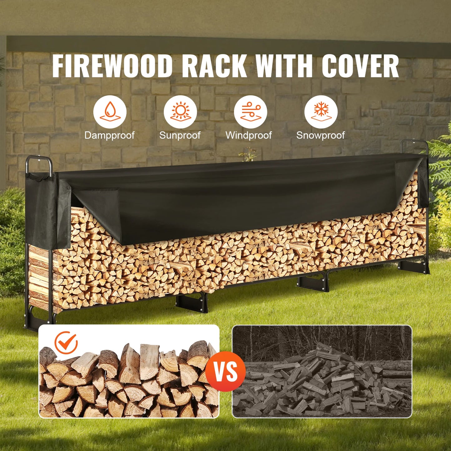 SucceBuy Heavy Duty Outdoor Firewood Rack With Cover