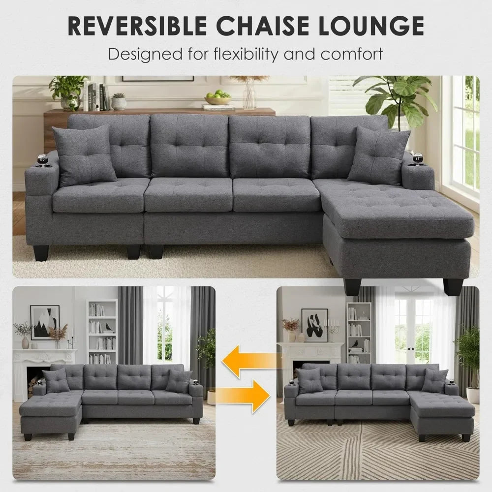 Sectional Fabric Sofa L Shaped With Reversible Chaise