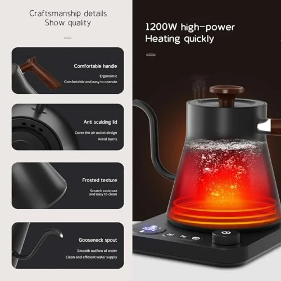 Electric Gooseneck Kettle with LCD Display Real-Time Temp Control for Pour Over Coffee Brew Tea Switchable/ 1200W Quick Heating