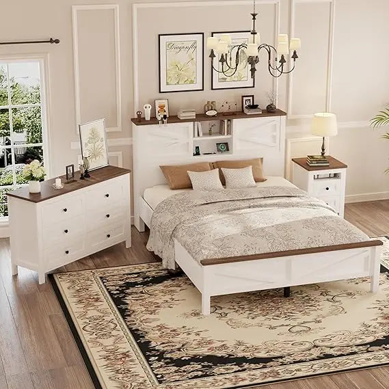 RBXC 3 Piece Farmhouse Bedroom Set With Platform Bed And Storage Nightstand