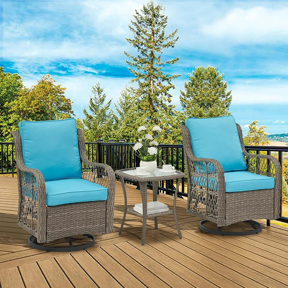 HiMISS 3 Piece Wicker Patio Set With Two Swivel Chairs And Glass Table