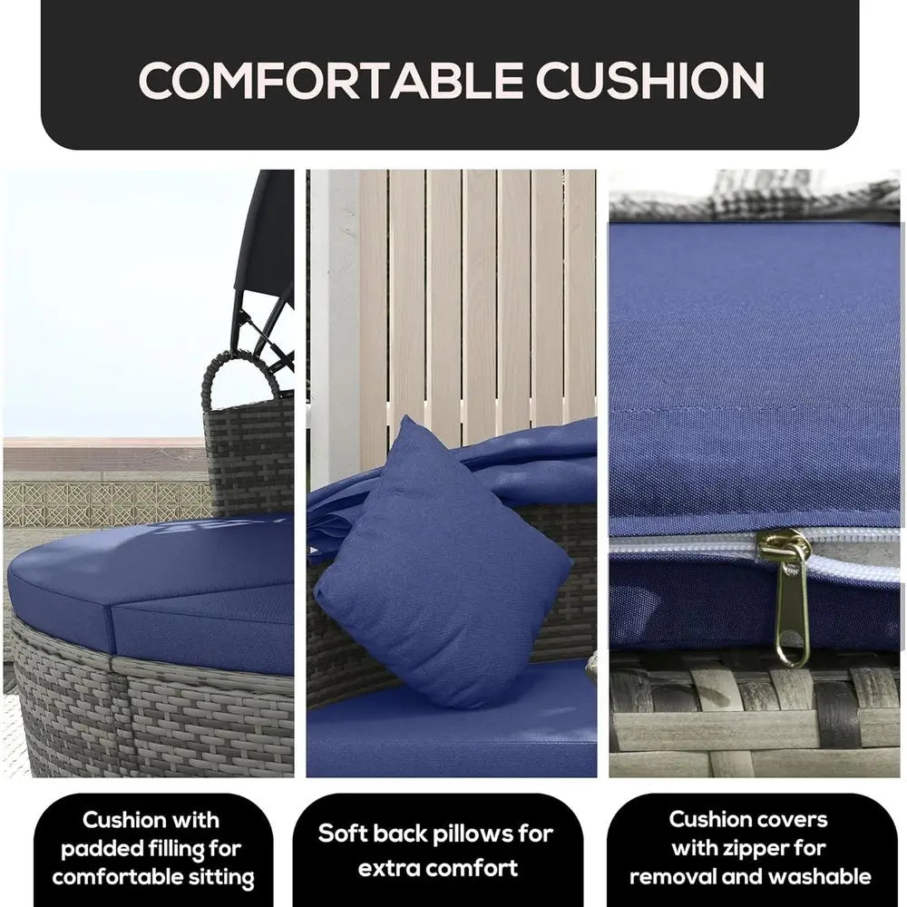 Round Rattan Daybed Patio Set 4 Piece Outdoor Sectional