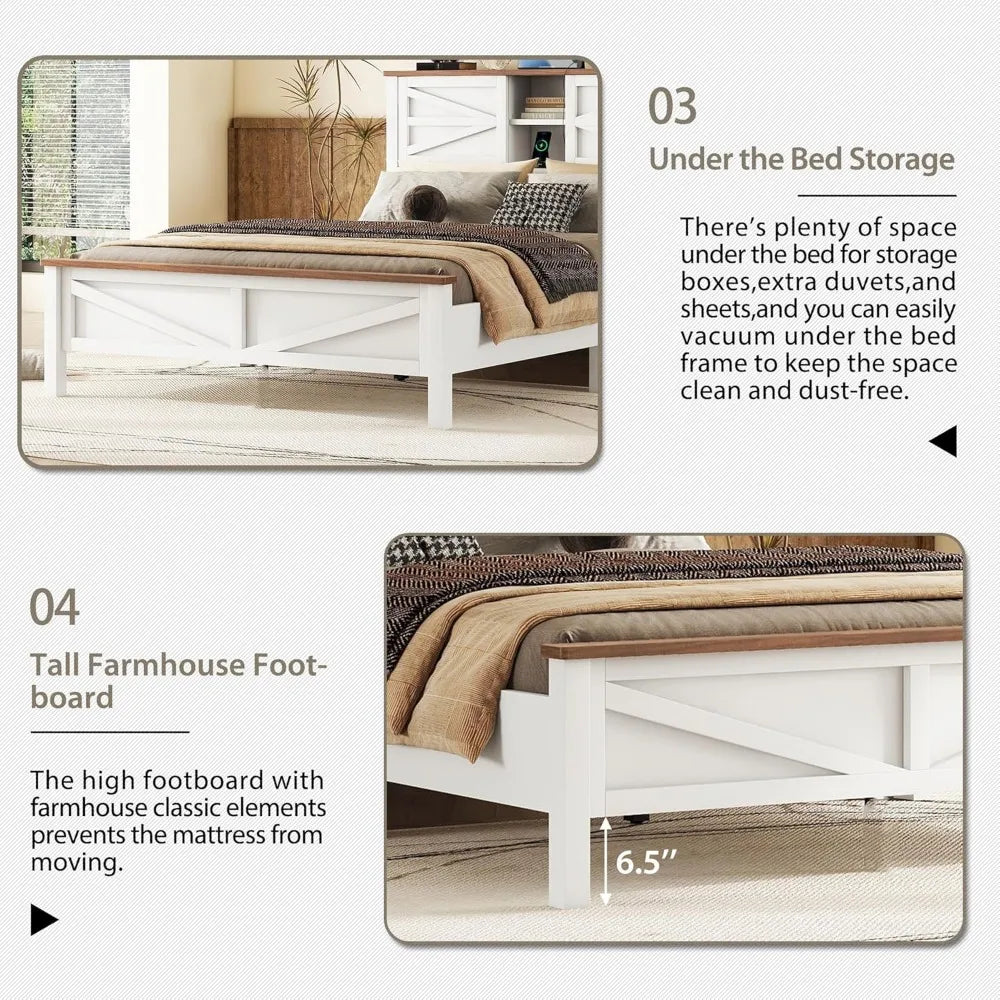 RBXC 3 Piece Farmhouse Bedroom Set With Platform Bed And Storage Nightstand