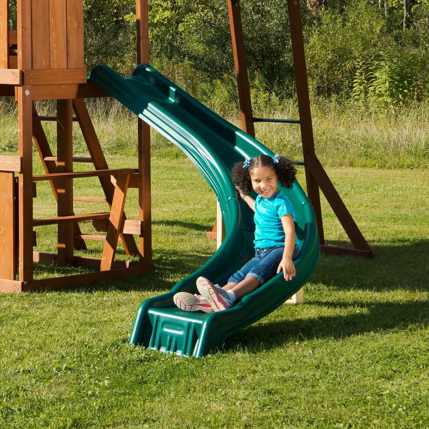 Wooden Swing Set With Two Swings, Slide, Monkey Bars