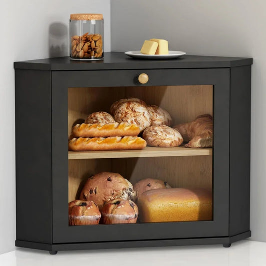 Corner Bamboo Bread Box For Kitchen Countertop Storage