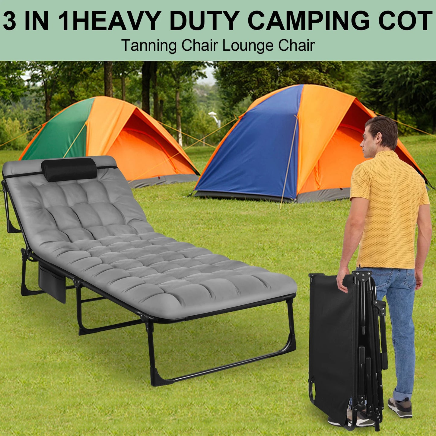 Portable Folding Camping Cot With Pillow, 3-Position Adjustable Lounge Chair