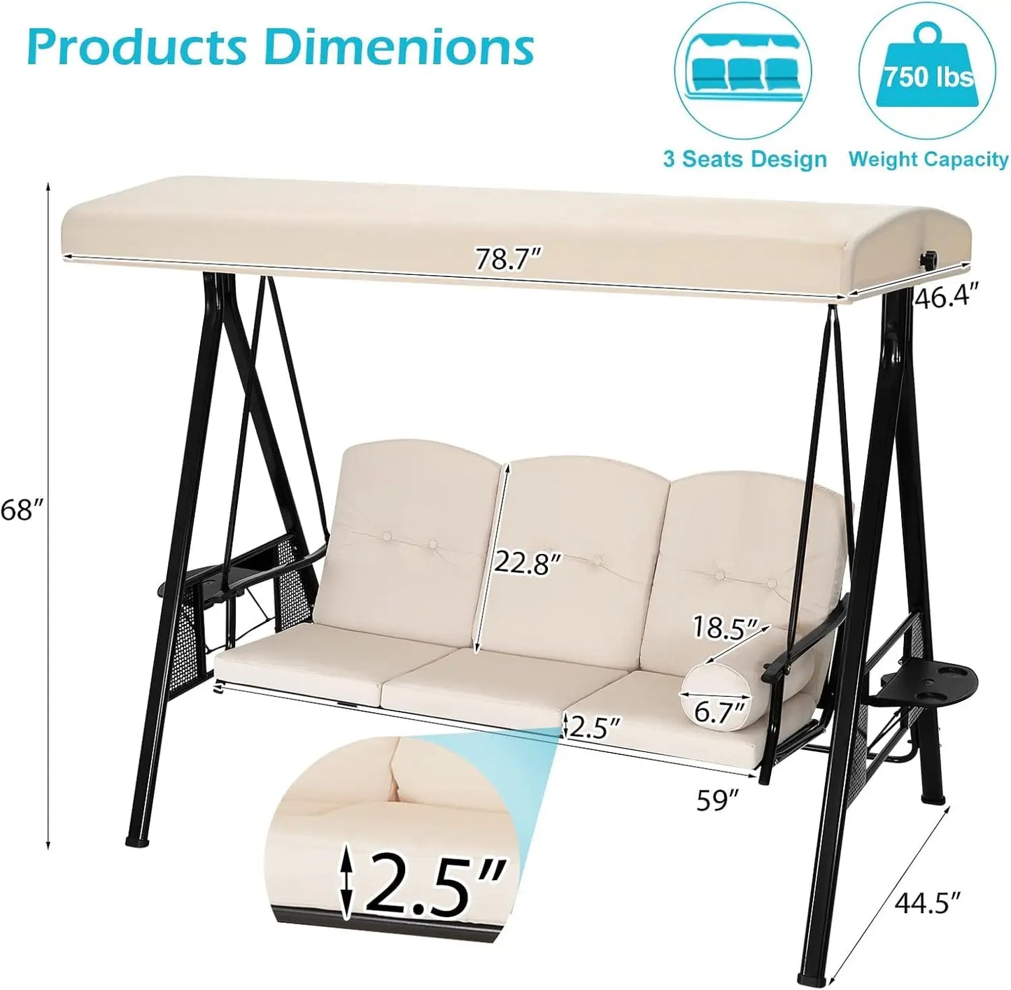 HUANZHUANG 3-Seat Outdoor Porch Swing With Adjustable Canopy
