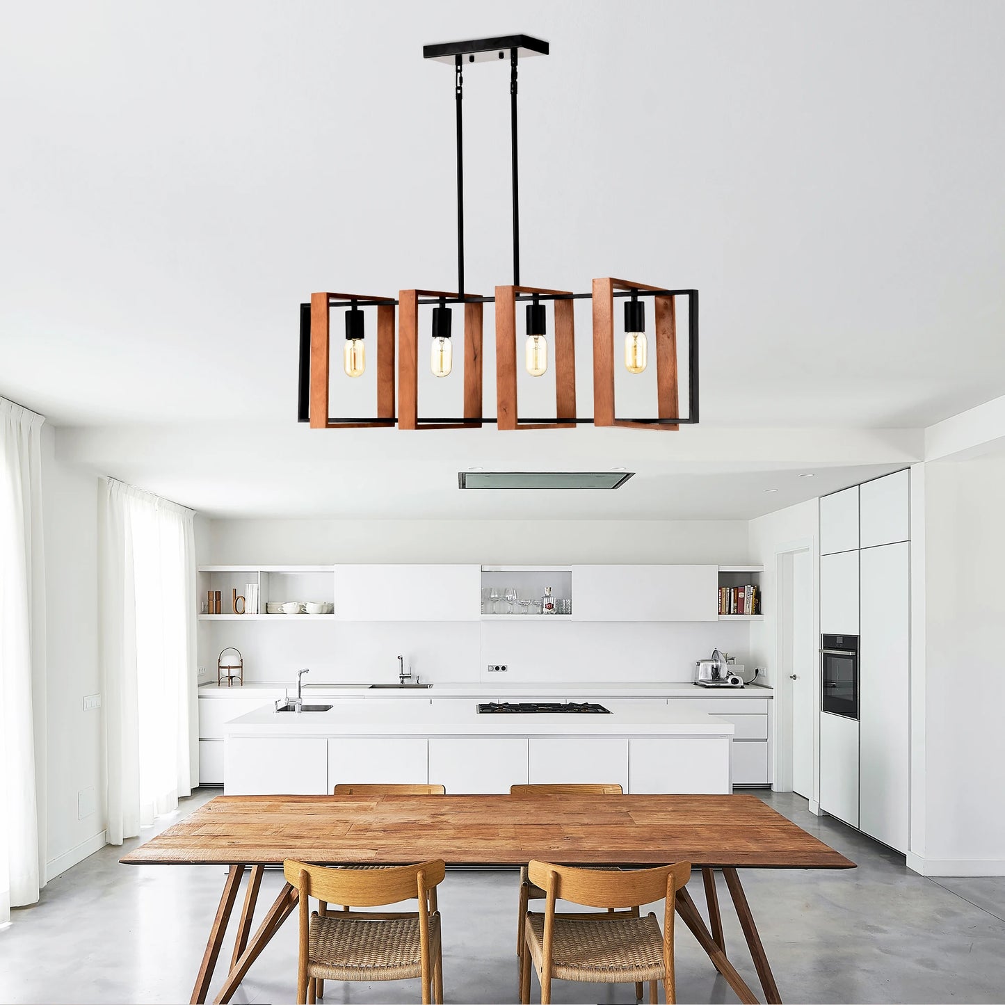 4-Light Farmhouse Pendant Lights Rustic Wood And Black Metal