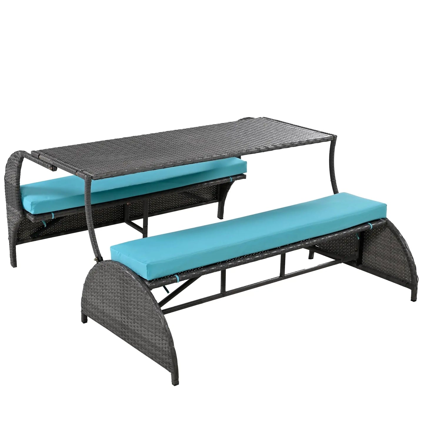 Outdoor Rattan Loveseat Convertible Picnic Table Set for Patio Garden