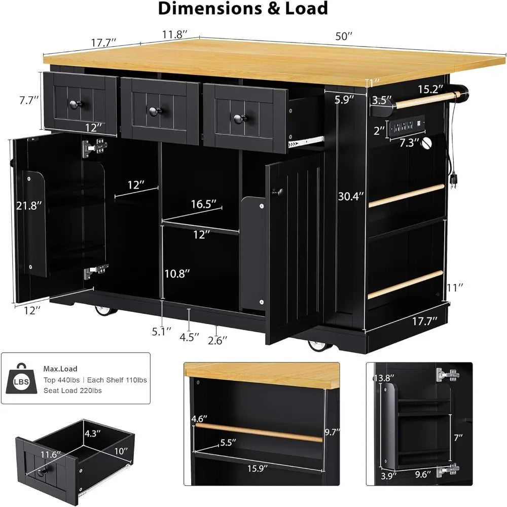 Kitchen Island With Storage On Wheels Drawers Door Rack
