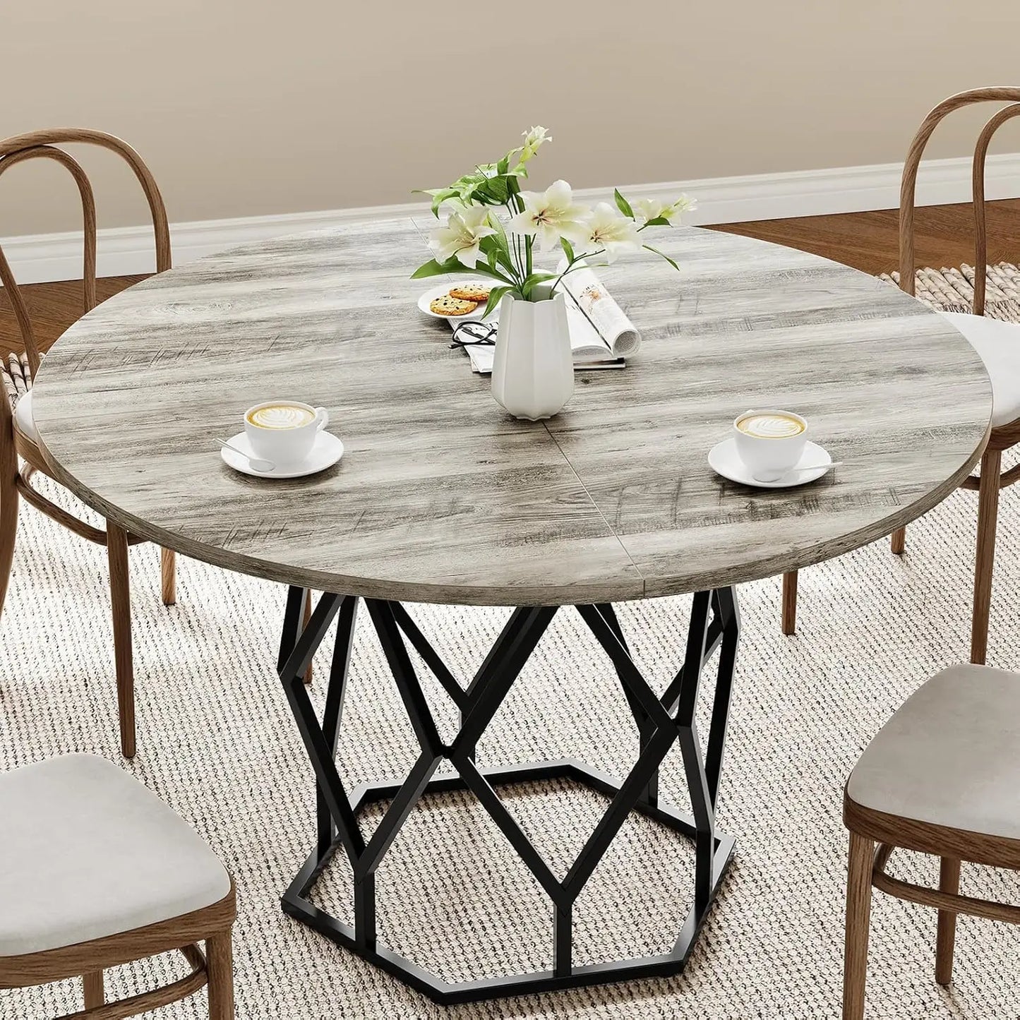 TWISTER.CK Round Dining Table With Wooden Top Metal Diamond Base