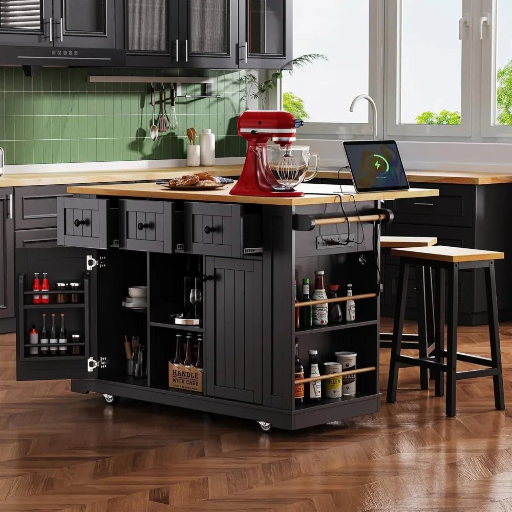 Kitchen Island With Storage On Wheels Drawers Door Rack