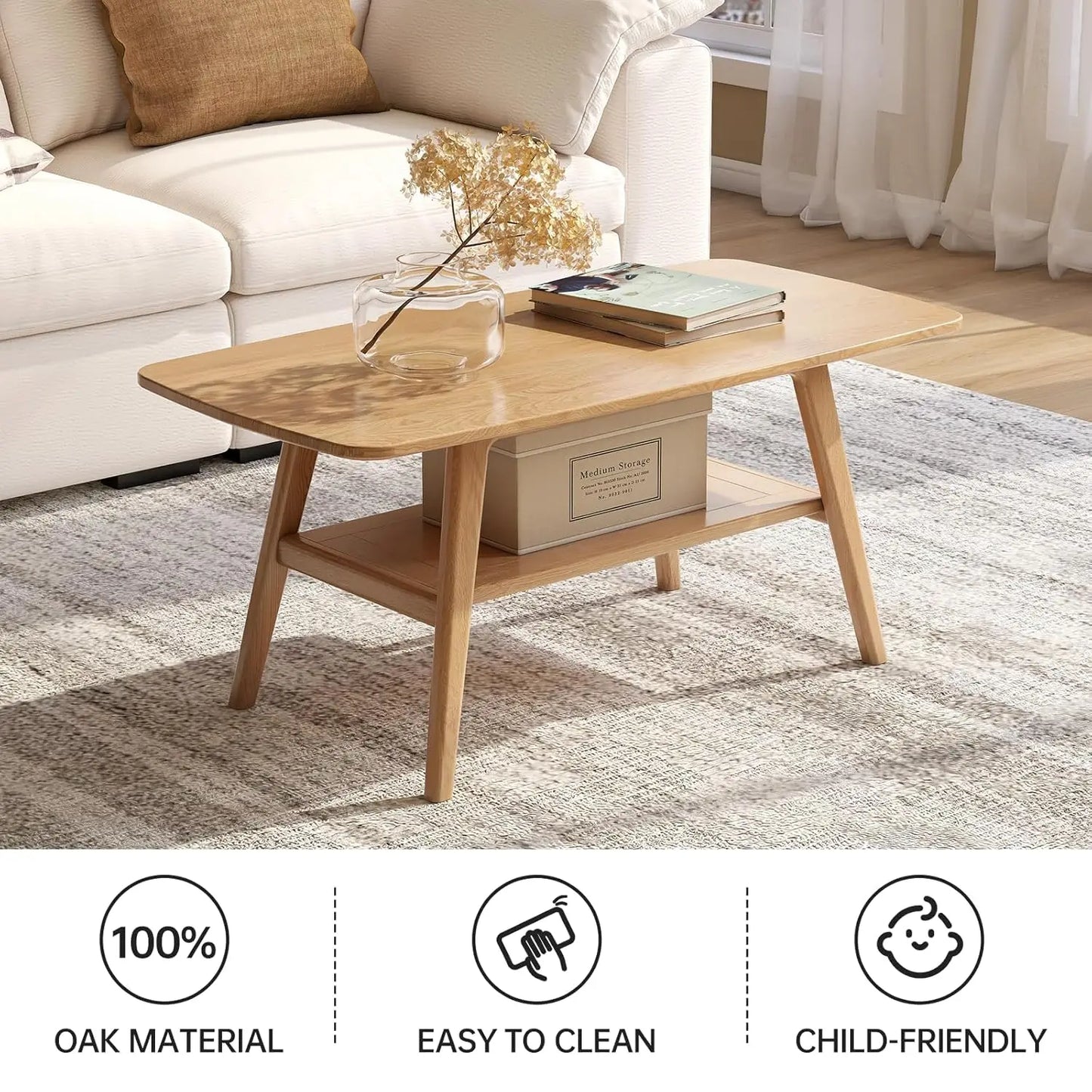 Solid Oak Wood Coffee Table With Shelf Storage Living Room