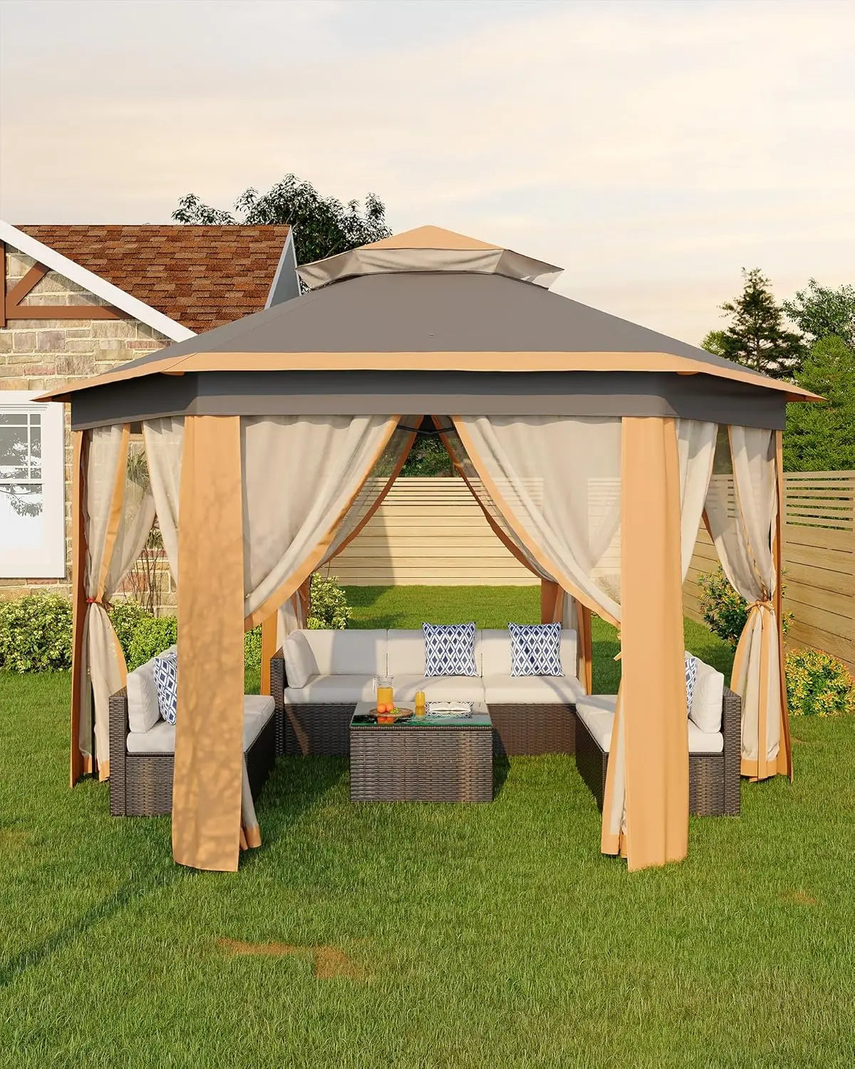 Hexagonal Pop Up Gazebo With Mosquito Net And Steel Frame