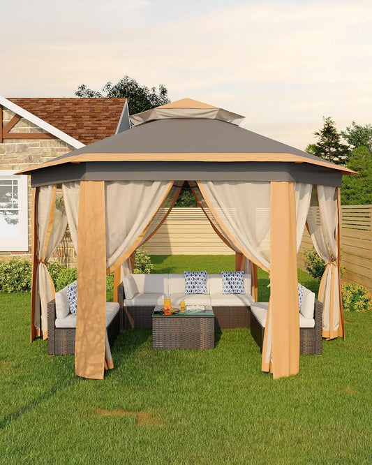 Hexagonal Pop Up Gazebo With Mosquito Net And Steel Frame