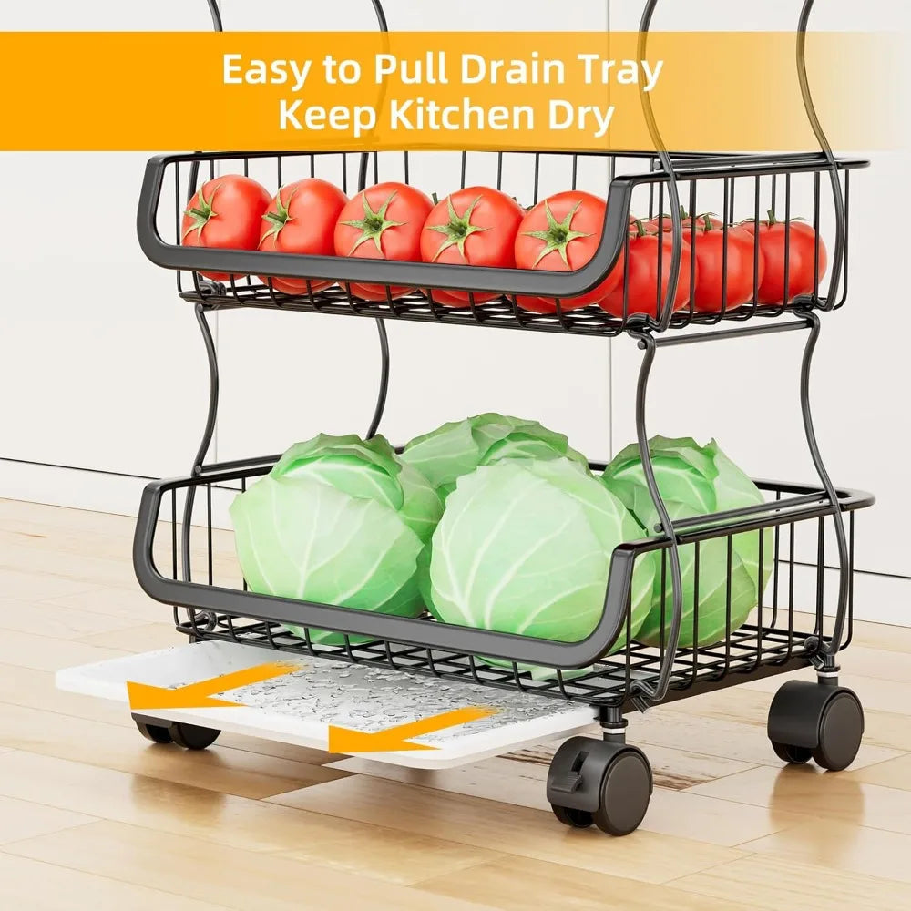 4 Tier Rolling Cart With Wheels And Hanging Baskets Kitchen