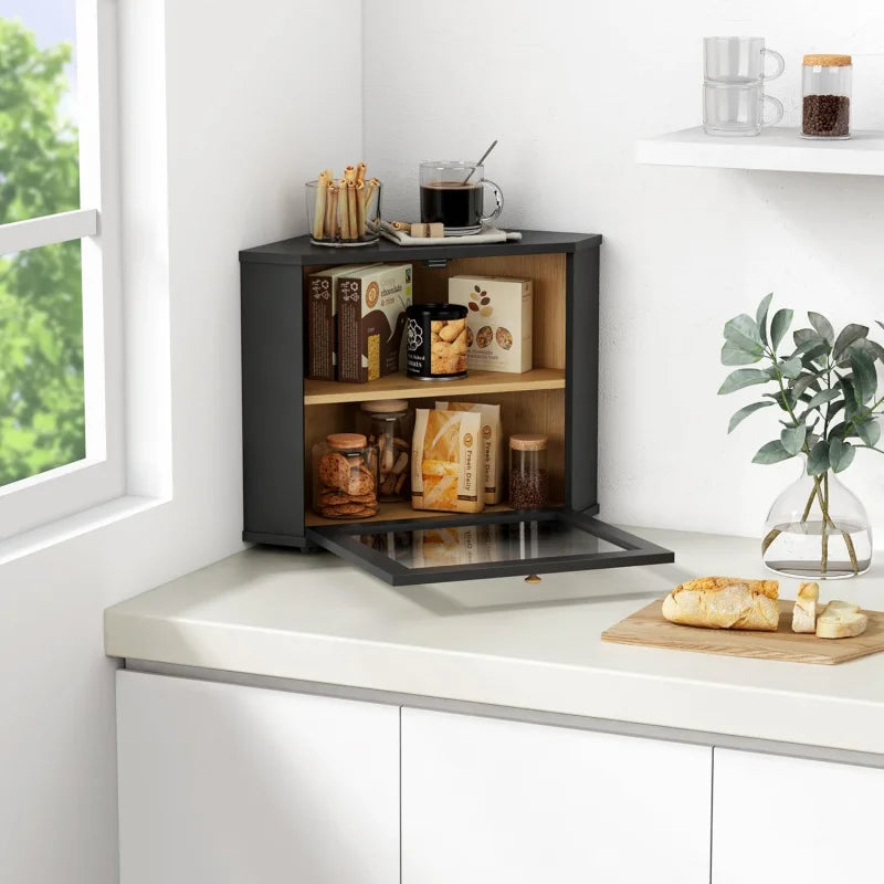 Corner Bamboo Bread Box For Kitchen Countertop Storage