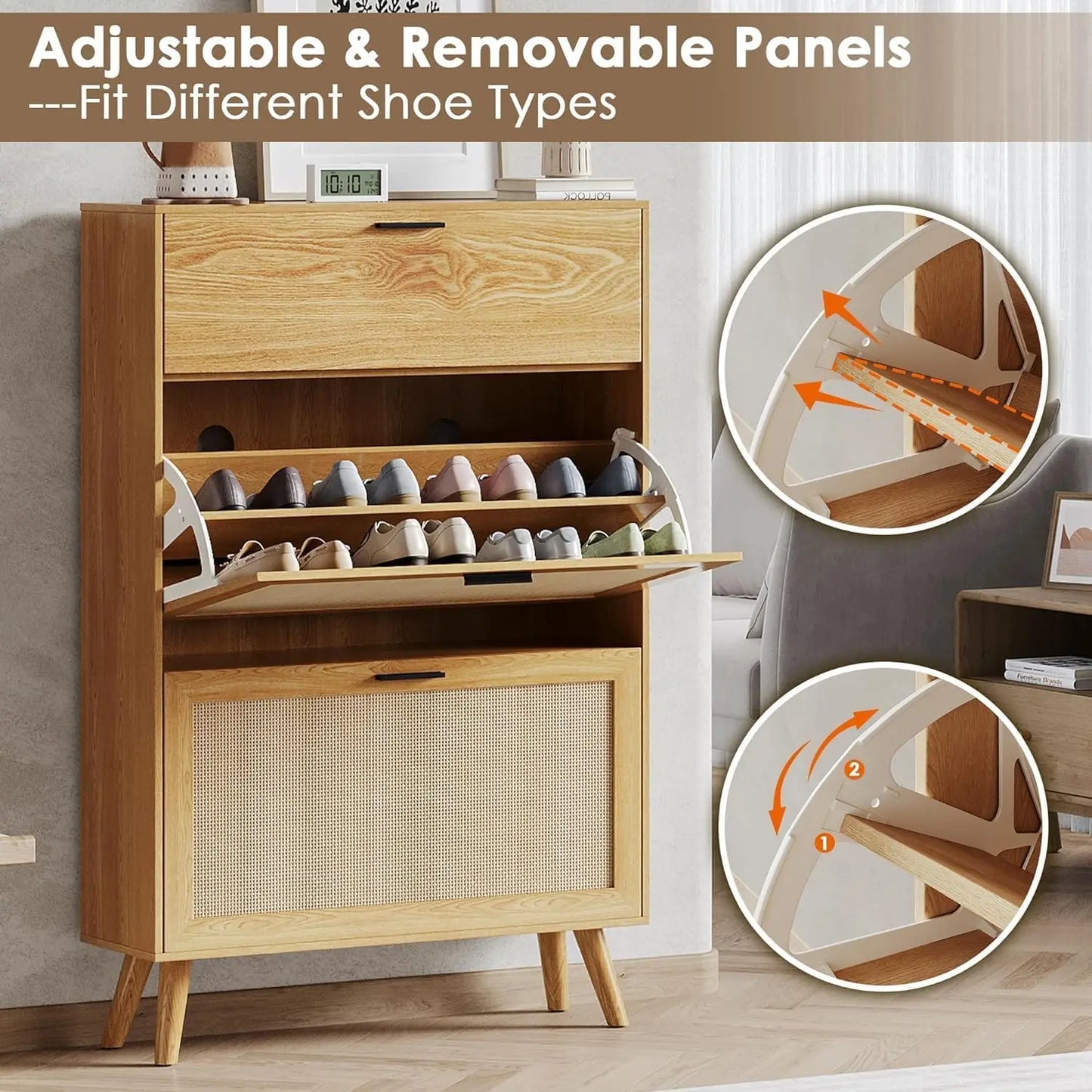 Natural Rattan Entryway Shoe Cabinet With Two Flip Drawers