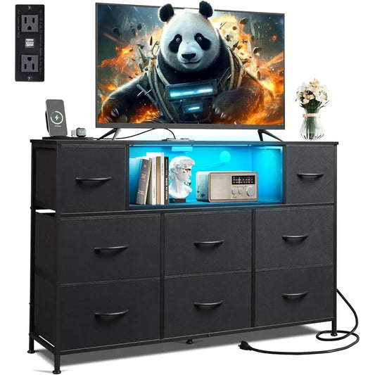 Modern TV Stand With LED Lights Charging Station 8 Drawers