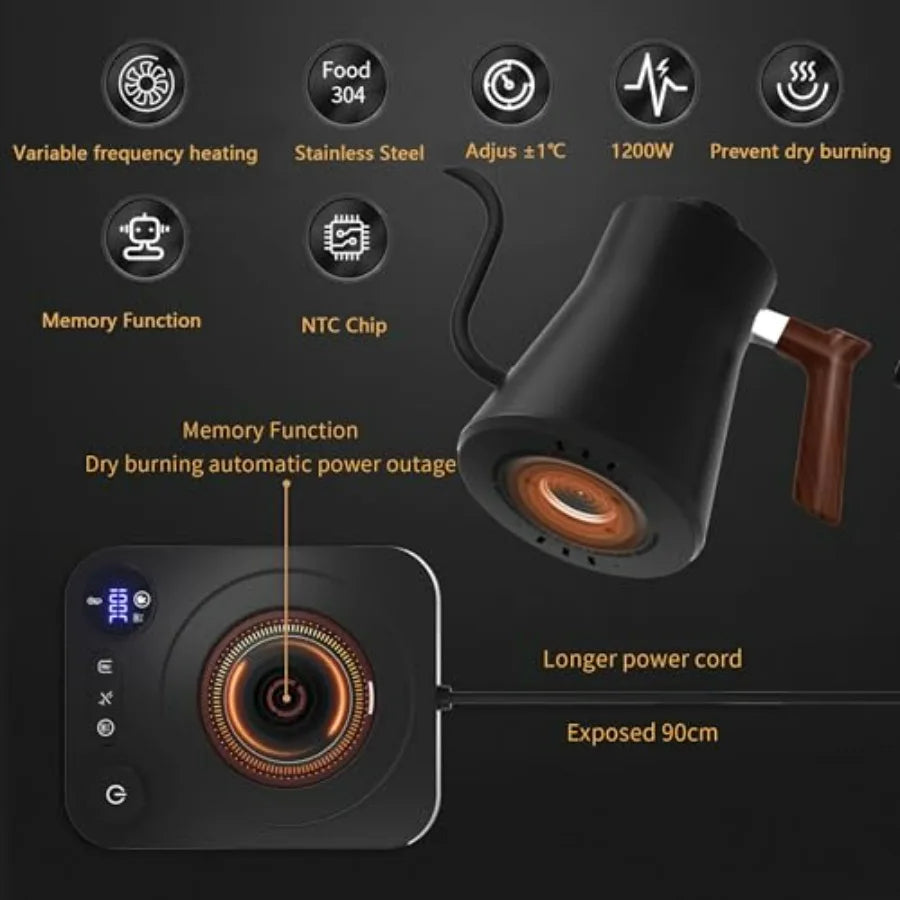 Electric Gooseneck Kettle with LCD Display Real-Time Temp Control for Pour Over Coffee Brew Tea Switchable/ 1200W Quick Heating