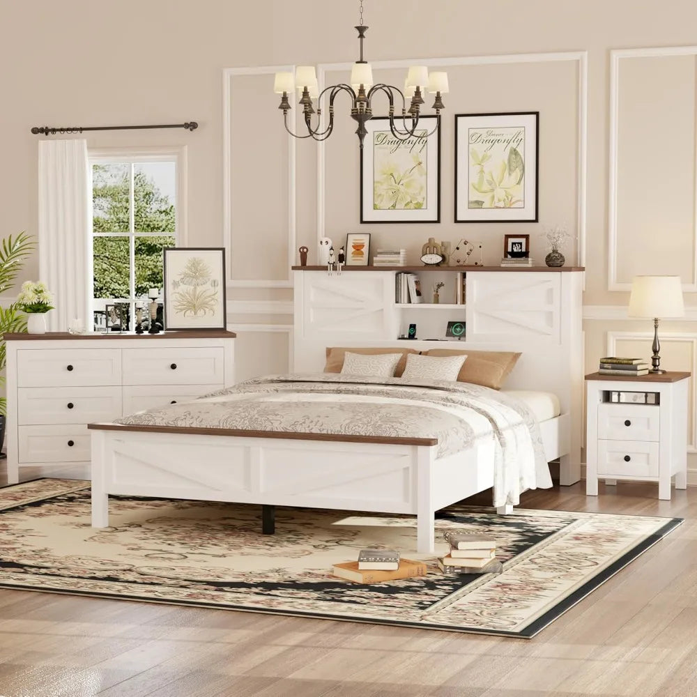 RBXC 3 Piece Farmhouse Bedroom Set With Platform Bed And Storage Nightstand