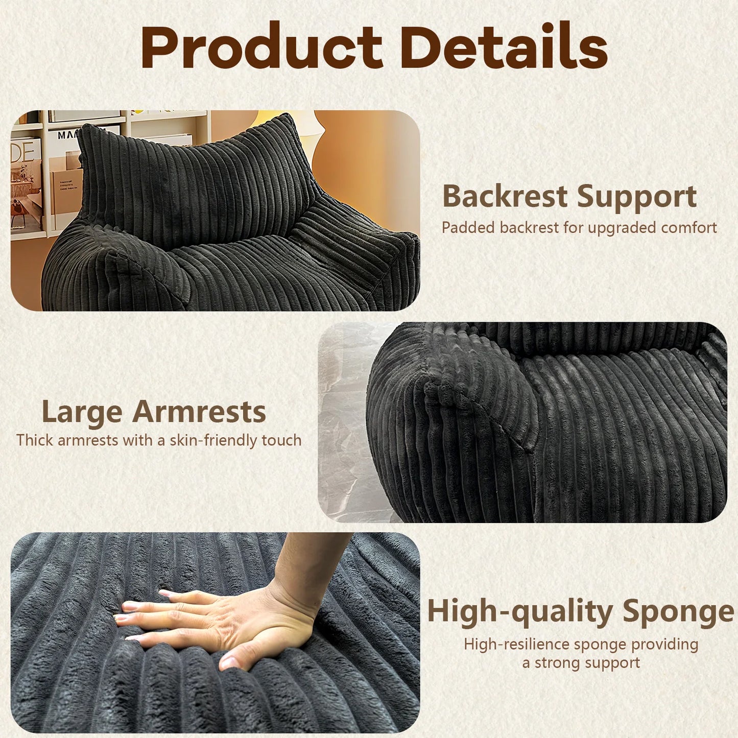 NONECN Reading Chair Bean Bag for Adults with Foam Comfort