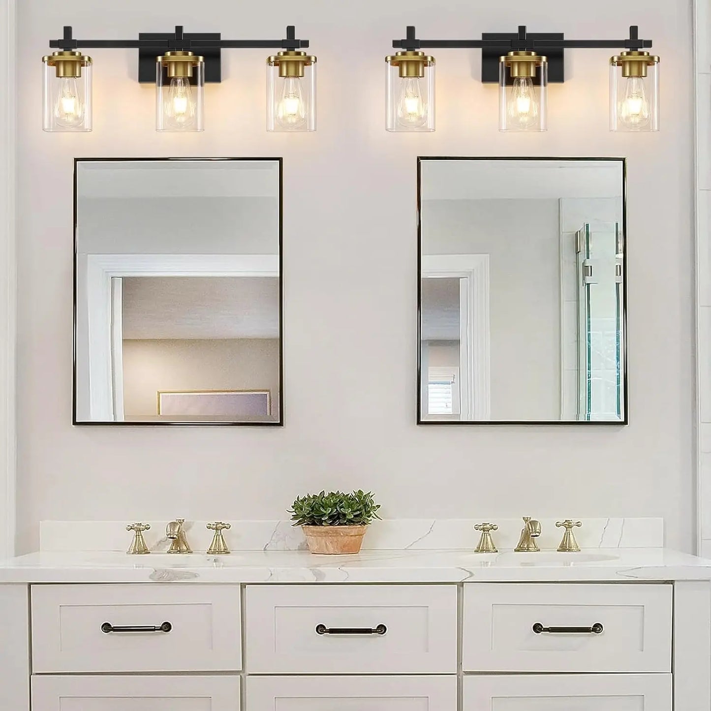 Modern Black and Gold Bathroom Light Fixture with Square Glass Shade, Over Mirror Vanity Lighting for Bedroom Hallway