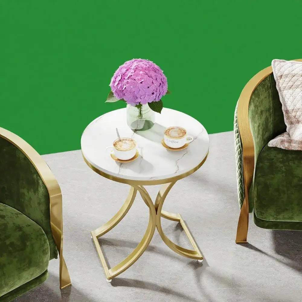 Round Marble Top Sofa Side Table With Gold Accents