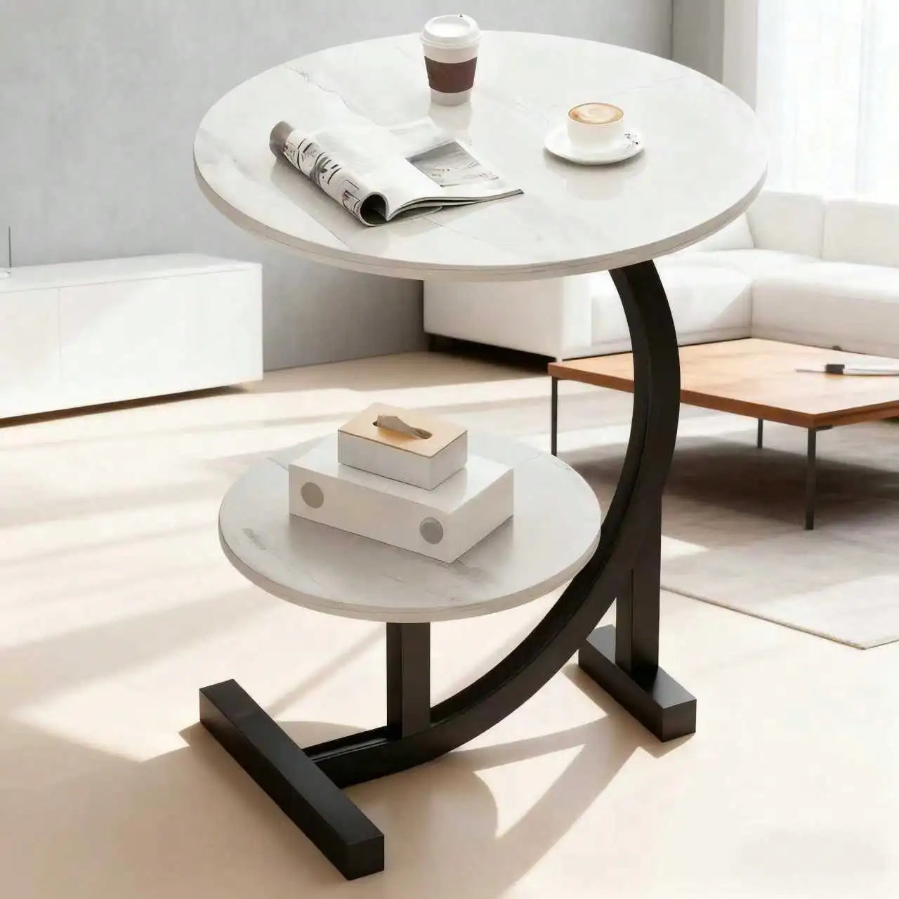 Modern Marble Pattern Side Table With Storage Shelves