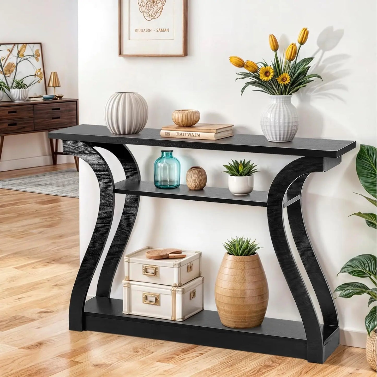 Console Table With Three Tier Storage Shelves For Entryway