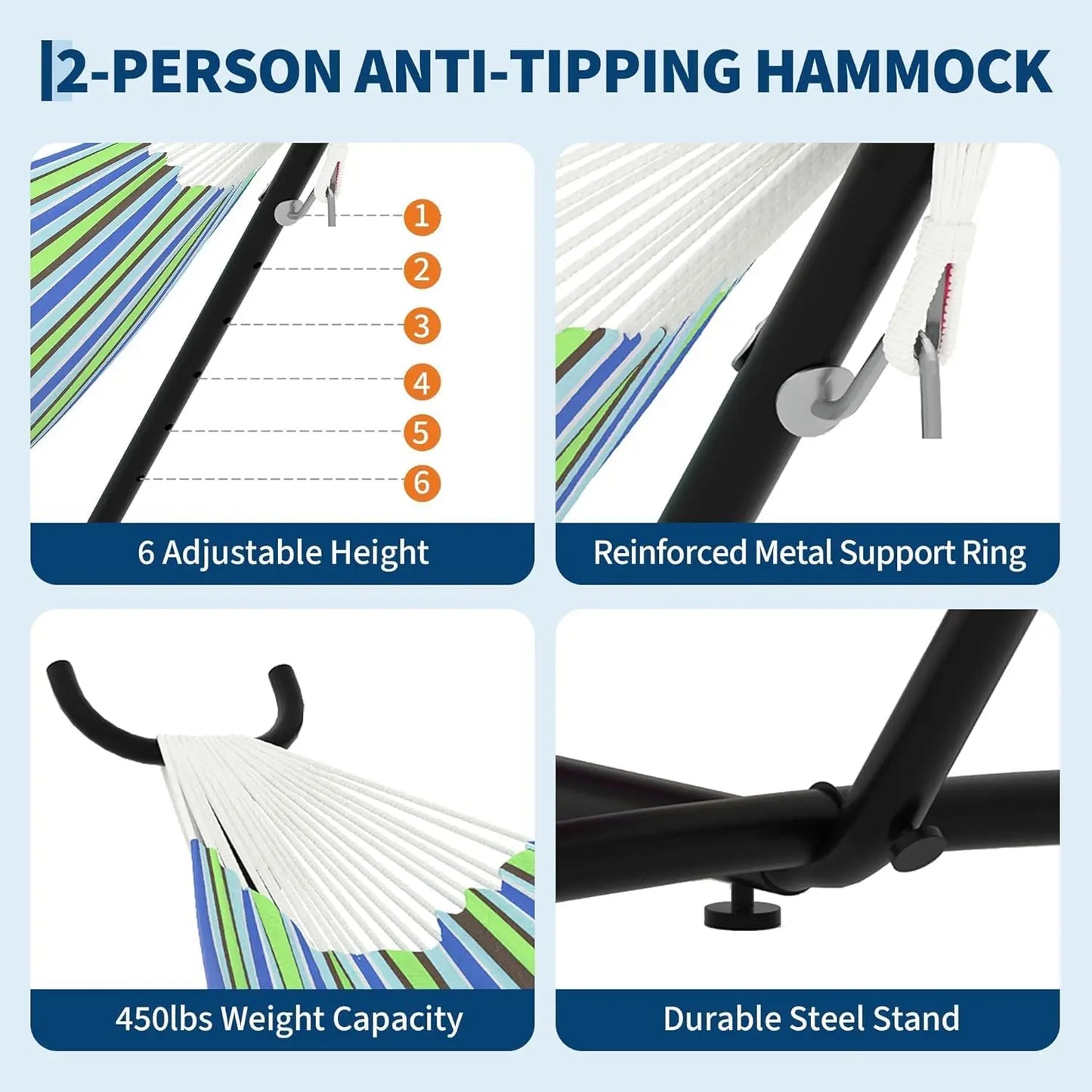 Portable Double Hammock With Stand Heavy-Duty Steel Frame 450 Lbs
