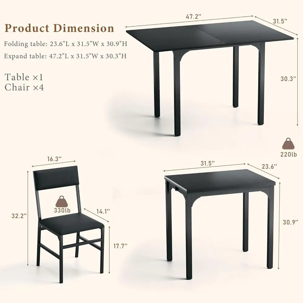 Space-Saving Extendable Dining Set for Four With Cushioned Chairs
