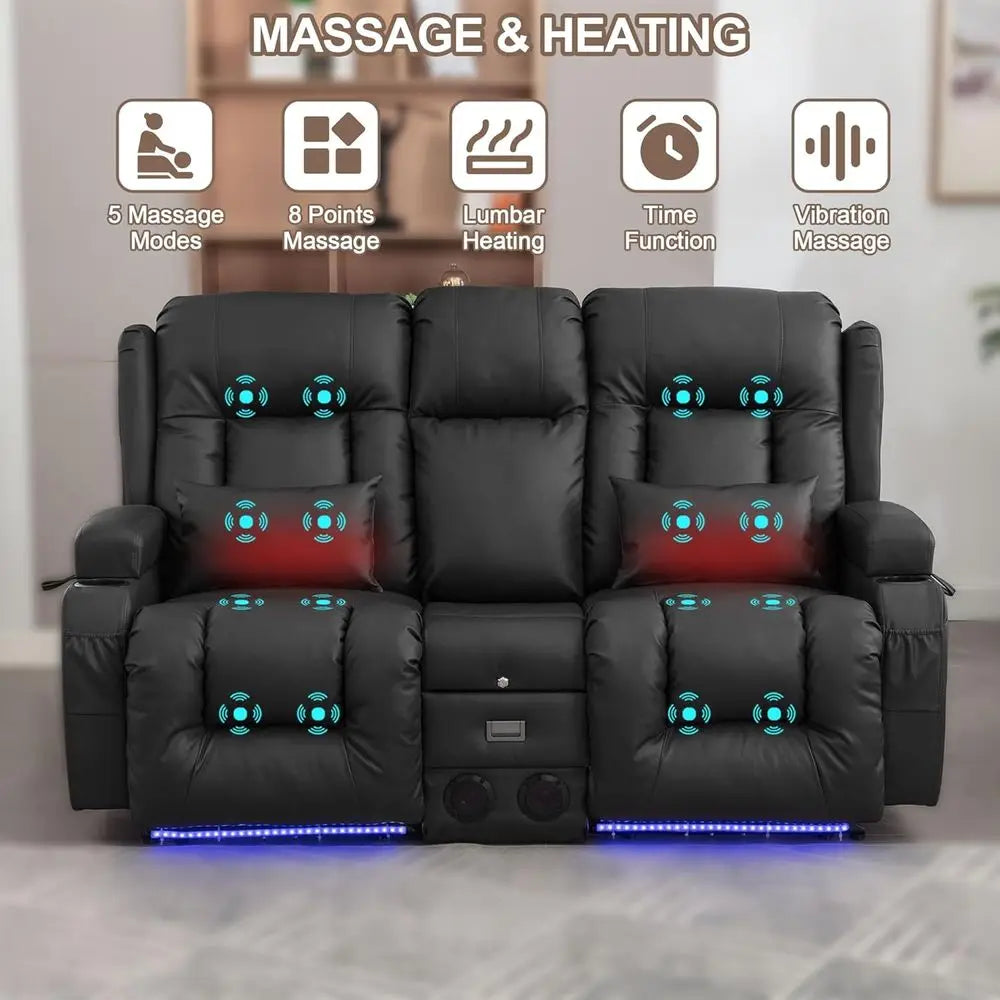 Massage And Heat Reclining Loveseat With USB Storage LED Lights