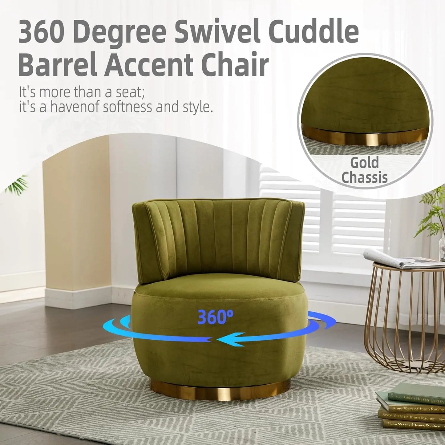Modern Velvet Swivel Barrel Chair 360 Degree Plush Upholstered Armchair
