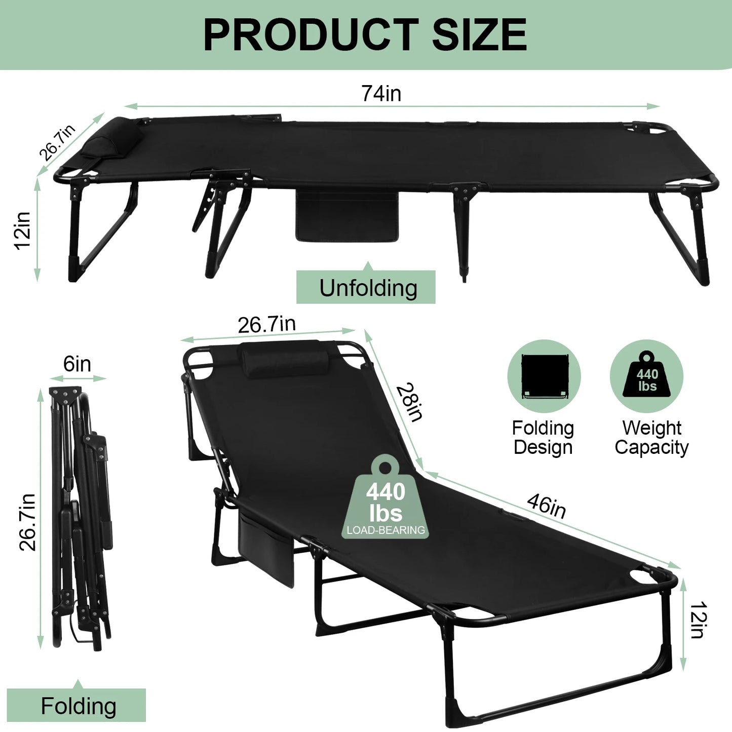 Portable Folding Camping Cot With Pillow, 3-Position Adjustable Lounge Chair