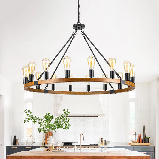 Wood Wagon Wheel Chandelier Farmhouse Pendant Light