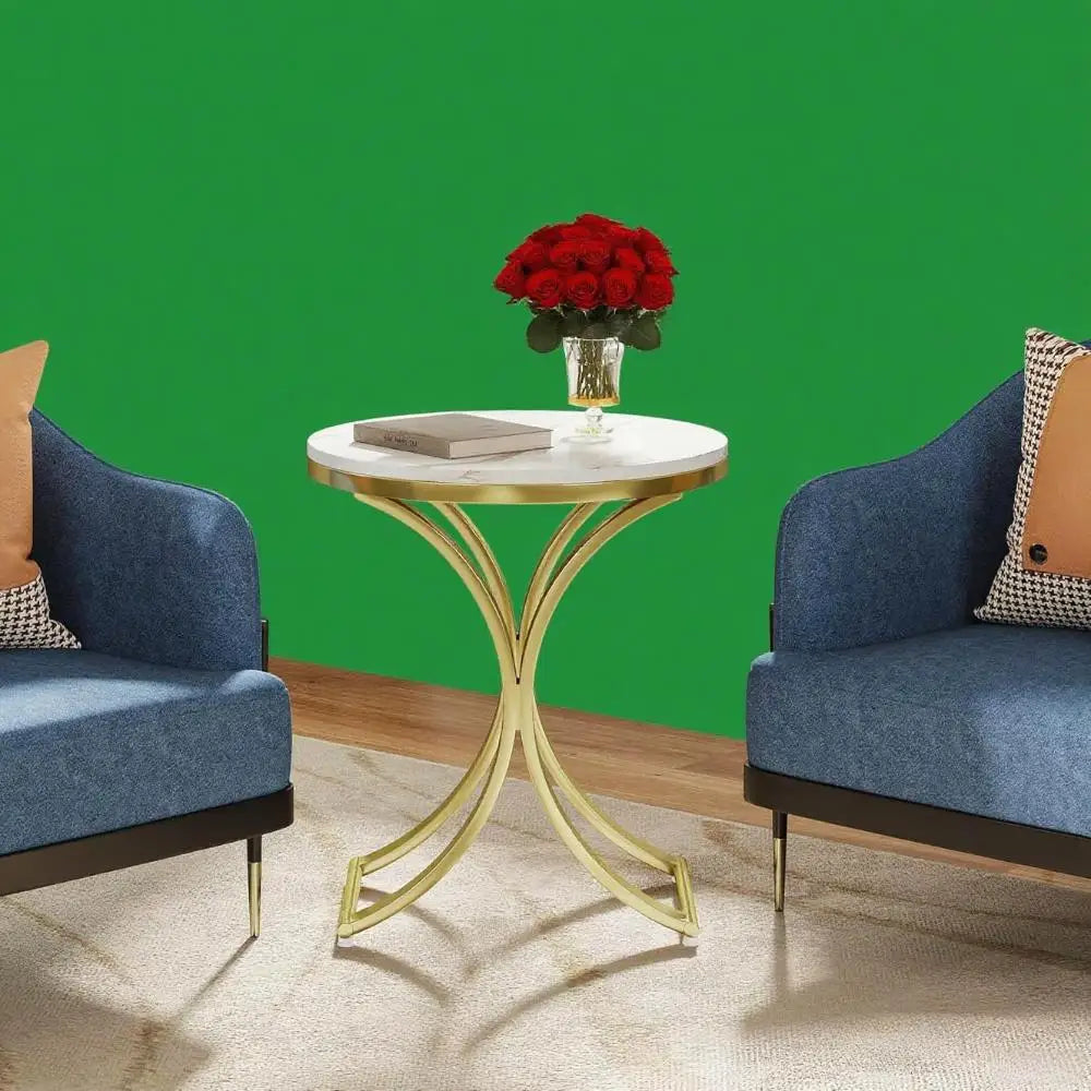 Round Marble Top Sofa Side Table With Gold Accents