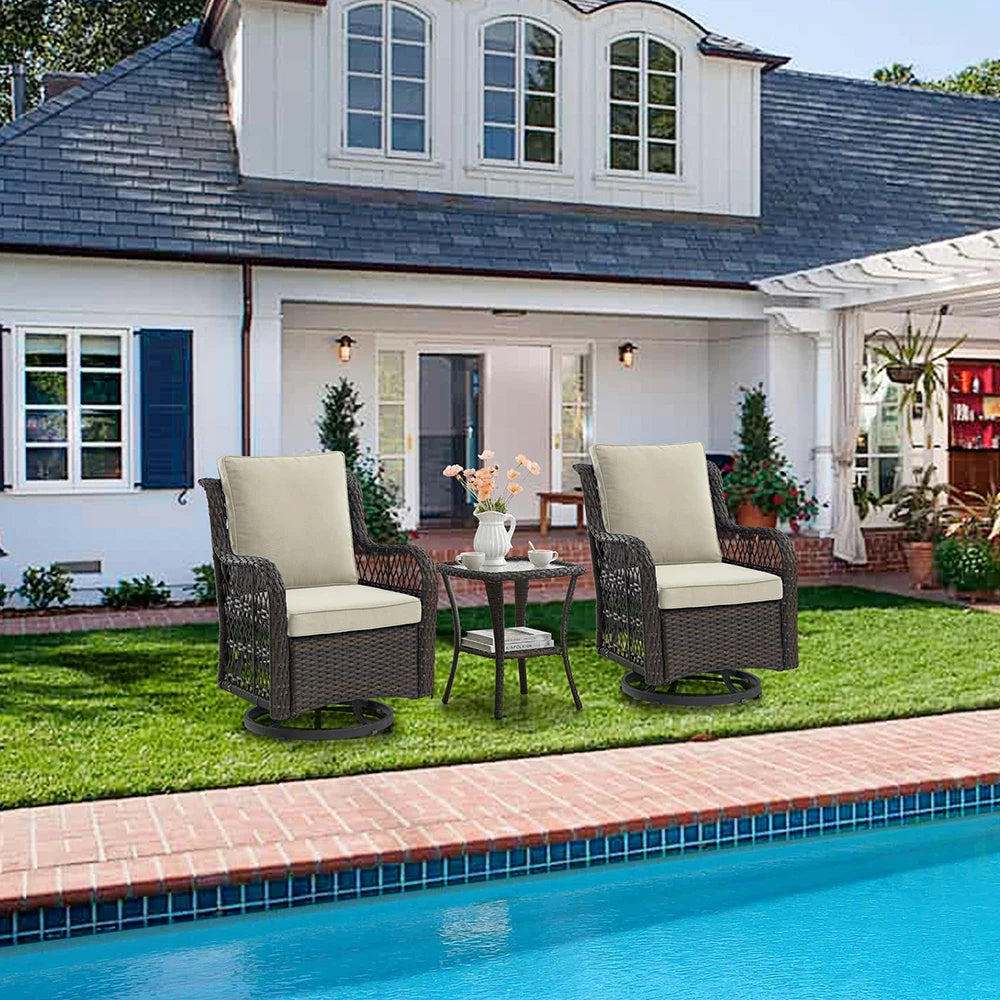 HiMISS 3 Piece Wicker Patio Set With Two Swivel Chairs And Glass Table