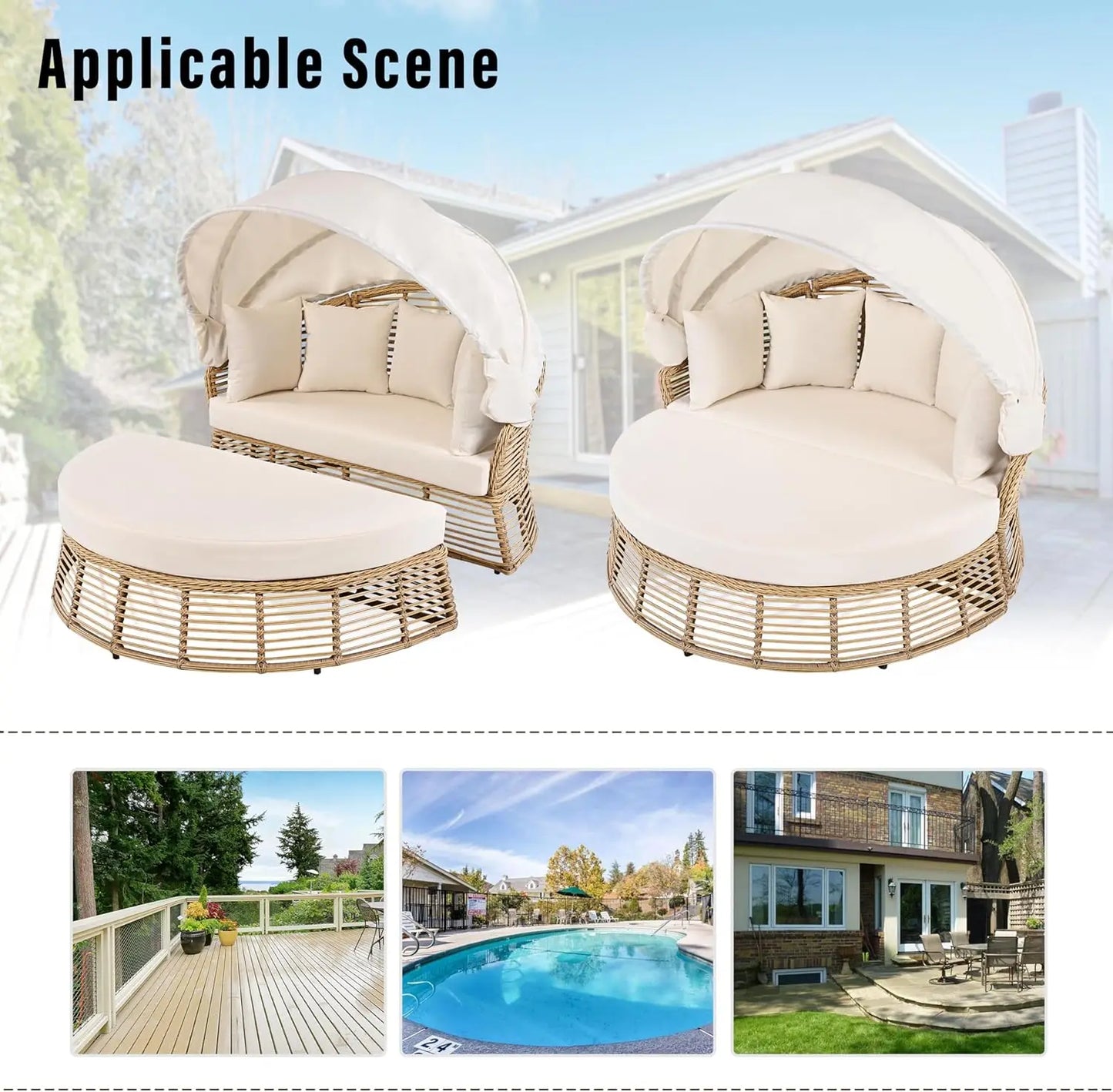 Outdoor Rattan Round Daybed With Retractable Canopy Sunbed Removable Cushions