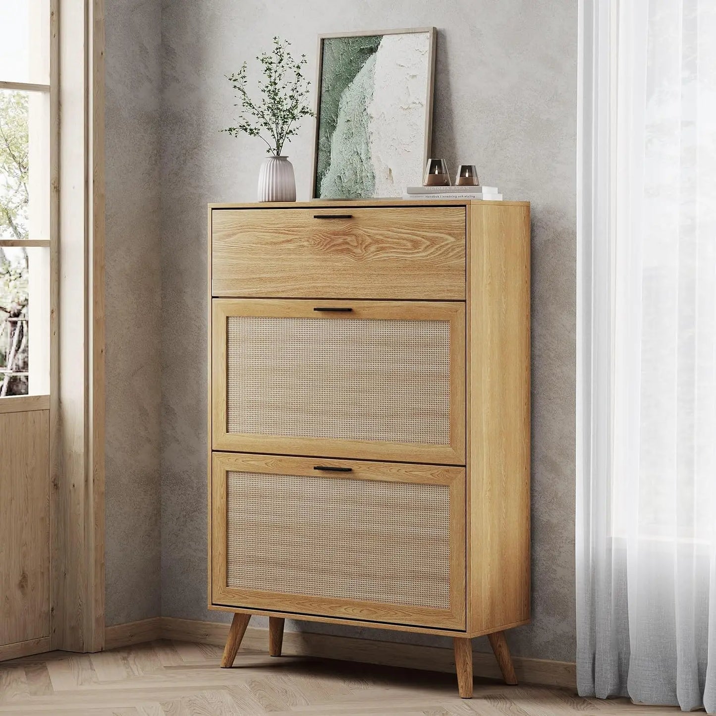 Natural Rattan Entryway Shoe Cabinet With Two Flip Drawers
