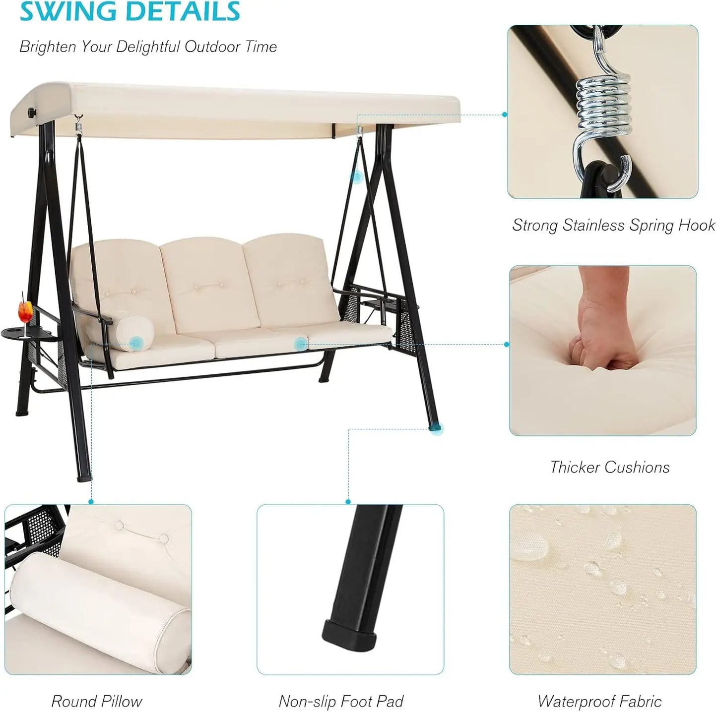 HUANZHUANG 3-Seat Outdoor Porch Swing With Adjustable Canopy
