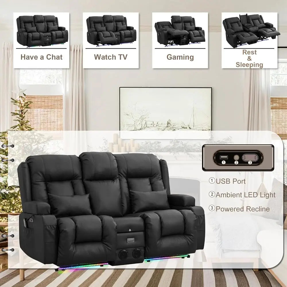 Massage And Heat Reclining Loveseat With USB Storage LED Lights