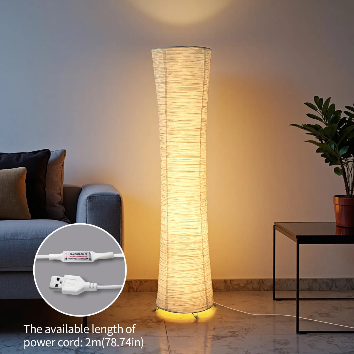 Paper Floor Lamp With Chrome Base And LED Light Strip For Living Room