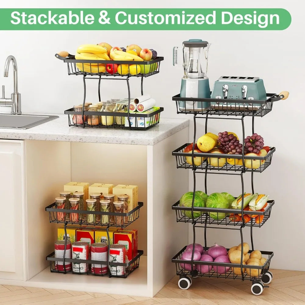 4 Tier Stackable Metal Wire Fruit Basket Organizer For Pantry