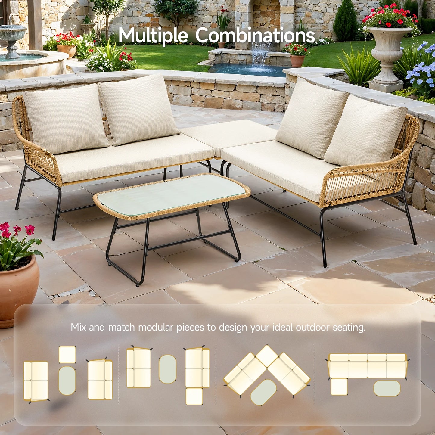 ONBRILL 4 Piece Outdoor Sectional Set Wicker Patio Sofa