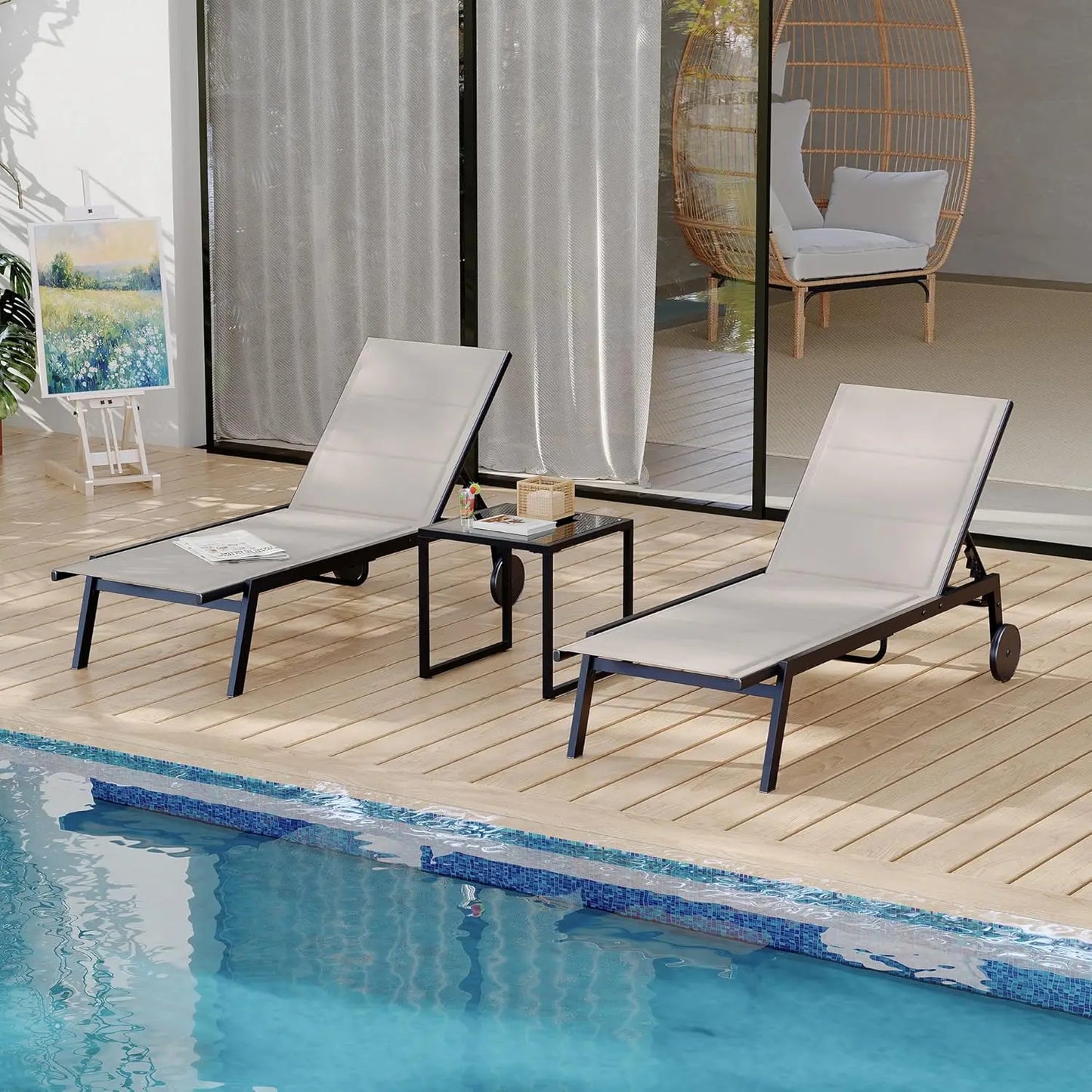 HiMISS 3 Piece Outdoor Chaise Set With Wheels And Table