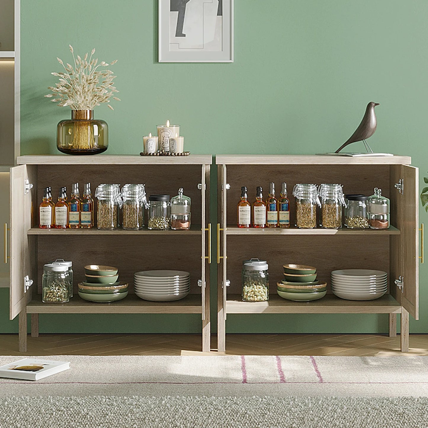 Rattan Storage Cabinet, Buffet Cabinet Sideboard with Rattan Decorated Doors, Cupboard for Hallway, Entry, Living Room