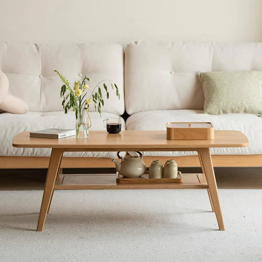 Solid Oak Wood Coffee Table With Shelf Storage Living Room