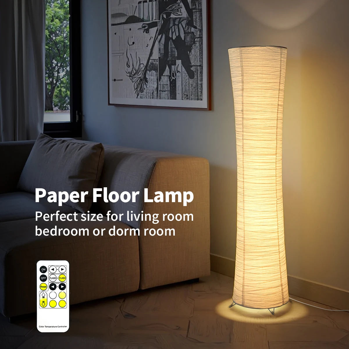 Paper Floor Lamp With Chrome Base And LED Light Strip For Living Room